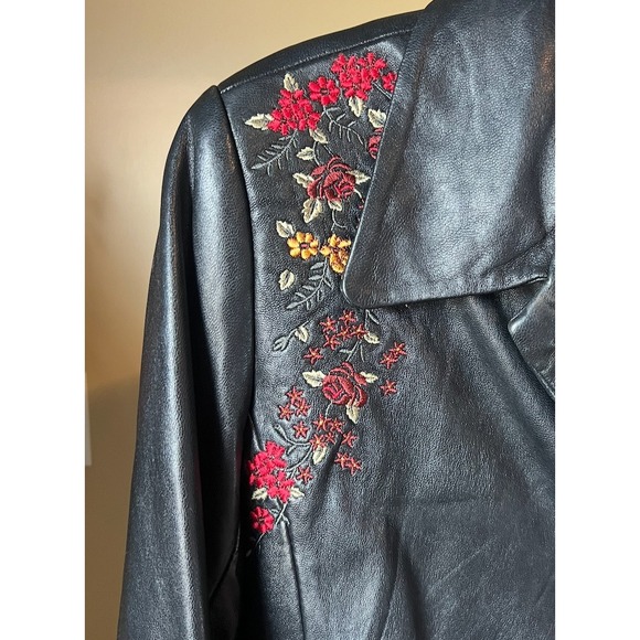 Y2K Vtg Womens Large Black Real Leather Jacket Embroidered Floral Biker Boho - Picture 4 of 10